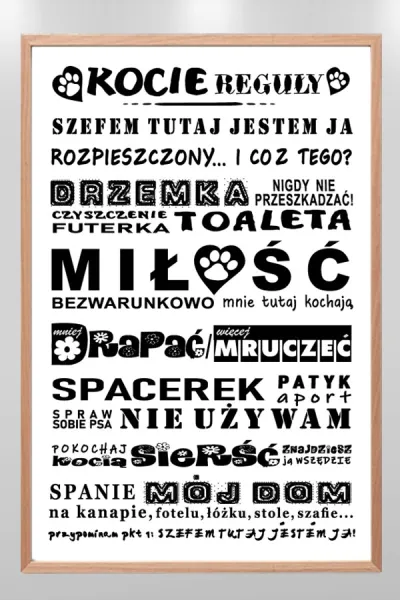 zabawna_tablica_cat_rules_kocie_reguly_biala_w_naturalnej_ramie_FunArt_600_900.webp
