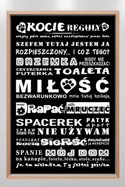 zabawna_tabliczka_cat_rules_kocie_reguly_dla_gosci_czarna_w_naturalnej_ramie_FunArt_600_900.webp