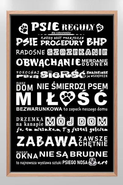 zabawna_tabliczka_psie_reguly_dla_gosci_czarna_surowa_ramka_FunArt_600_900.webp